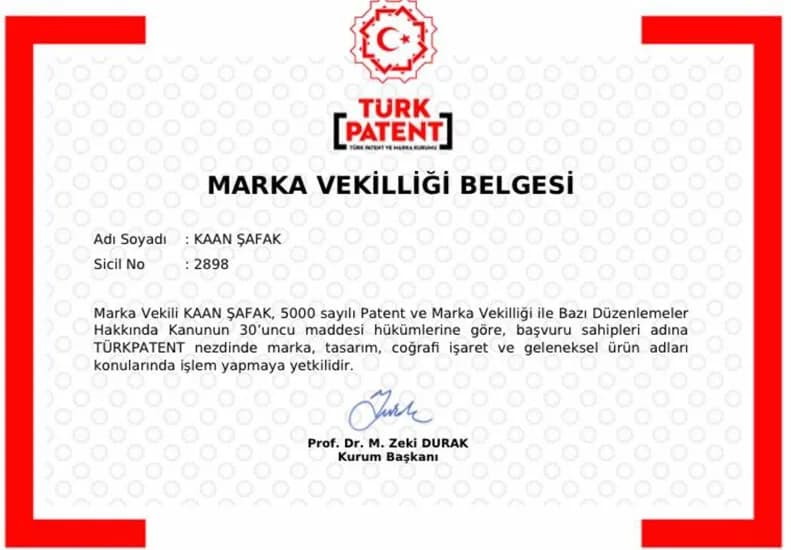 Av. Kaan Şafak — TÜRKPATENT Marka Vekilliği Belgesi