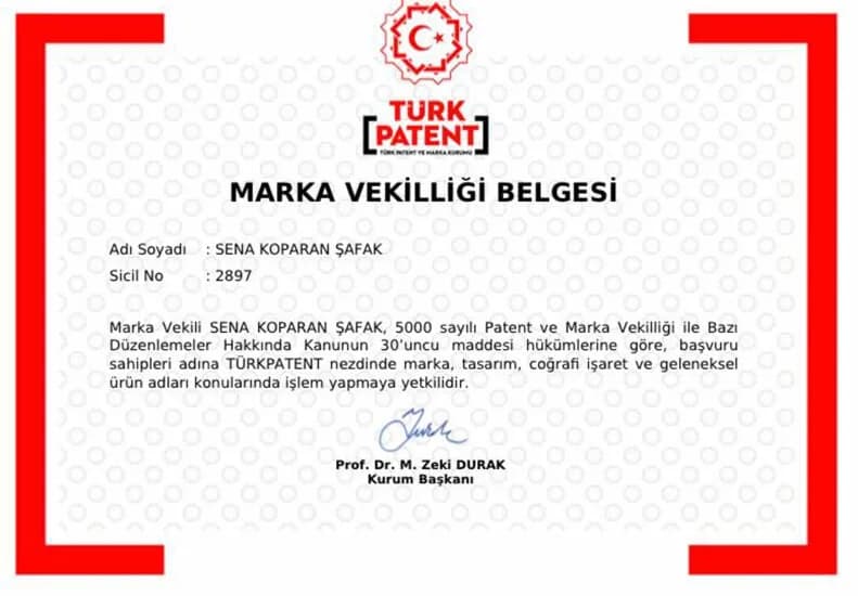 Av. Sena Koparan Şafak — TÜRKPATENT Marka Vekilliği Belgesi