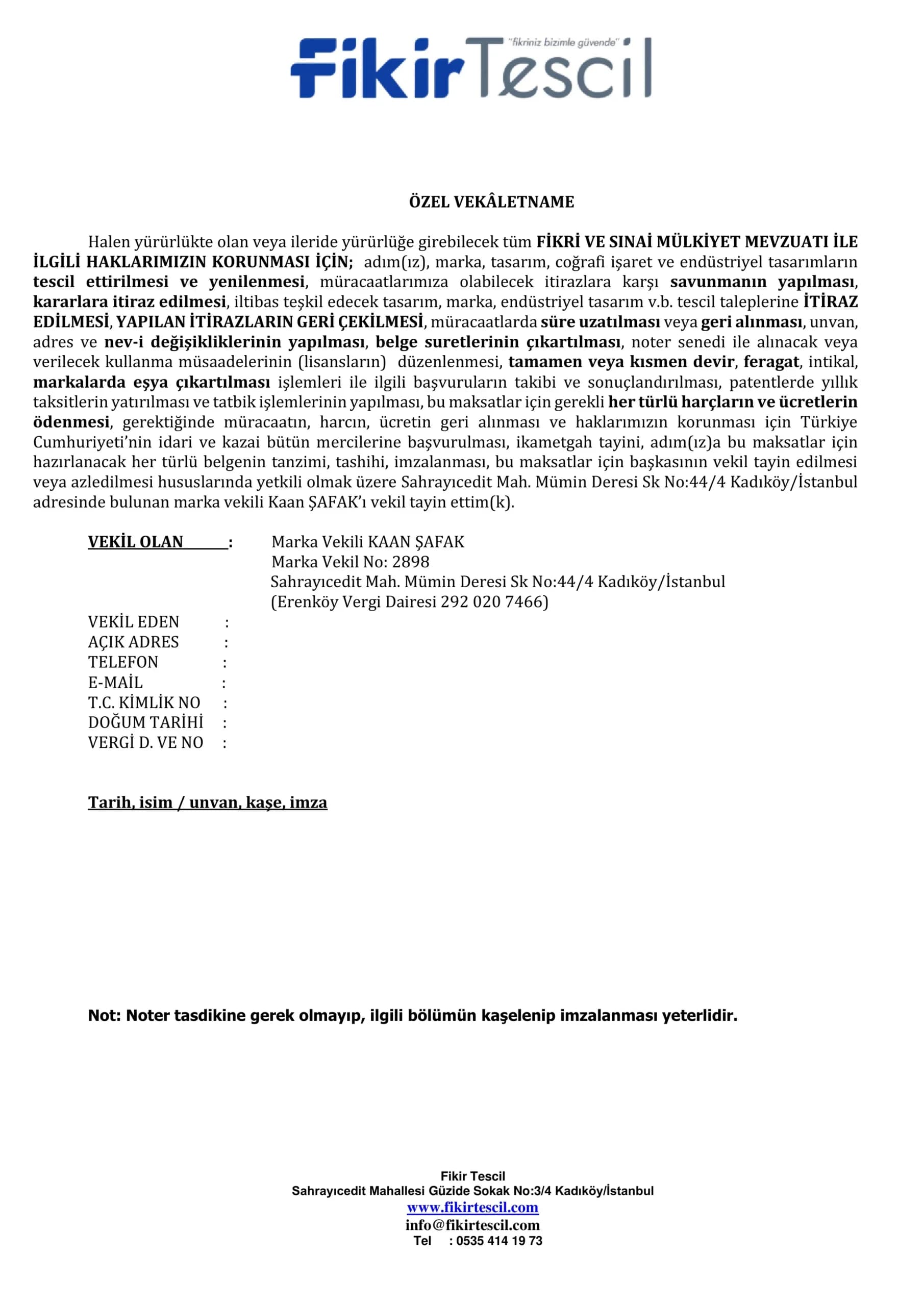 Fikir Tescil vekaletname örneği — taranmış belge